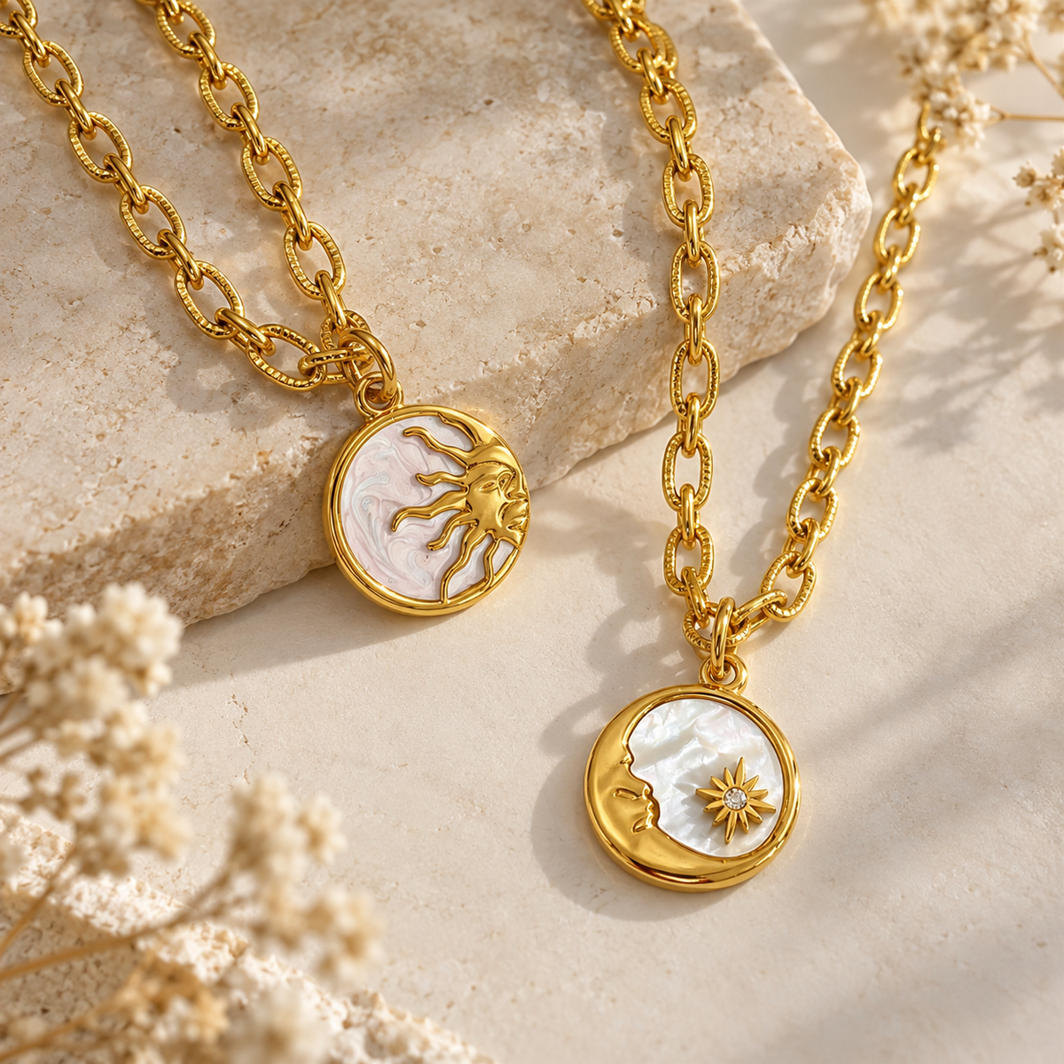 Two gold-tone chain necklaces with oval mother-of-pearl pendants, one featuring a sun motif and the other a crescent moon with a star, styled on a beige stone and dried flowers.
