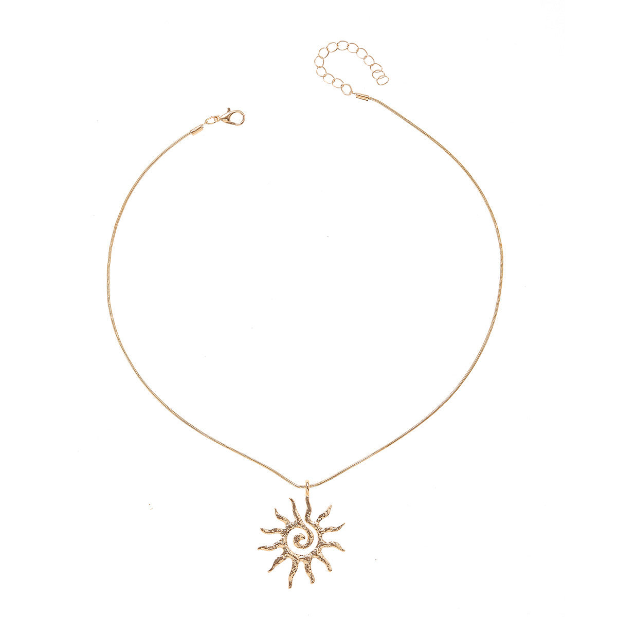 Gold necklace with a sun-shaped pendant on a white background