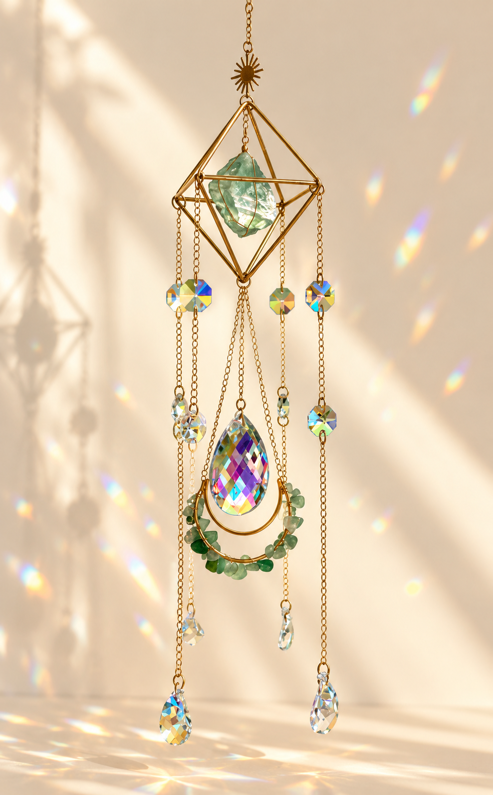 A gold geometric crystal wind chime with hanging teardrop and round beads, featuring a large iridescent teardrop and green faceted crystals, set against a warm beige wall with sunlight and rainbow reflections.
