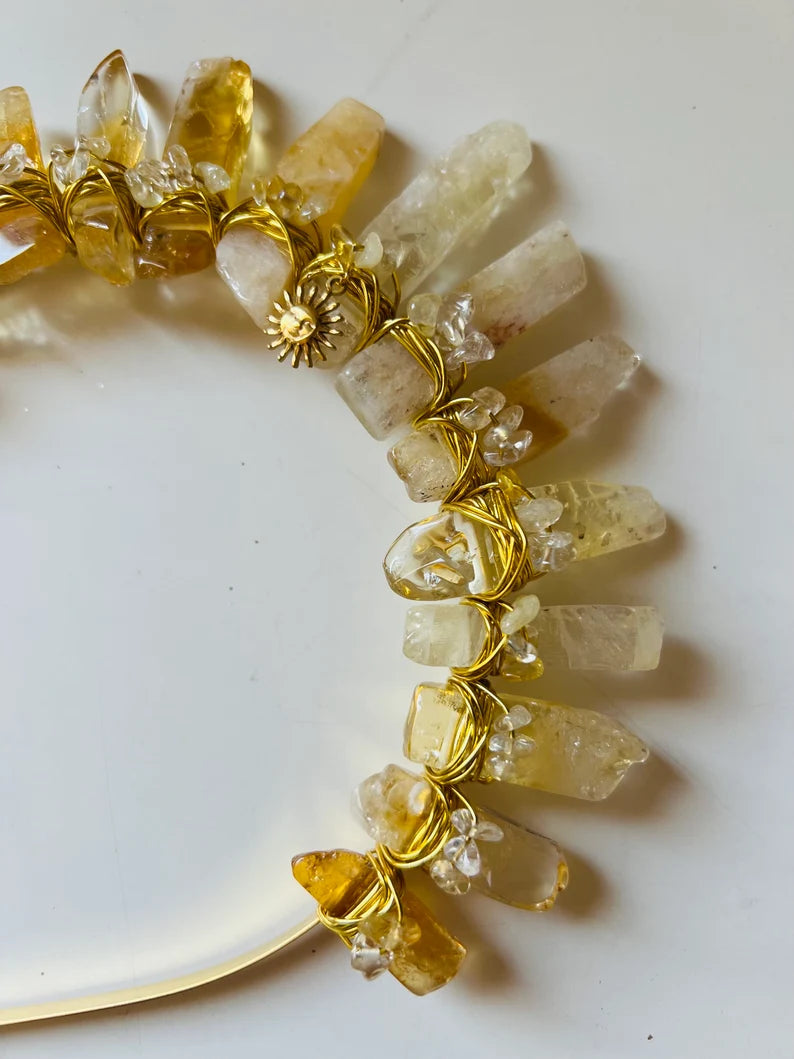 CITRINE GOLD CROWN with Citrine crystal chips & sun pendant