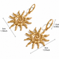 A pair of gold sun-shaped dangle earrings with dimension lines and text showing measurements of 3cm (1.18inch) and 4cm (1.