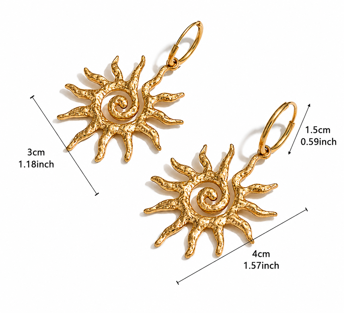 A pair of gold sun-shaped dangle earrings with dimension lines and text showing measurements of 3cm (1.18inch) and 4cm (1.