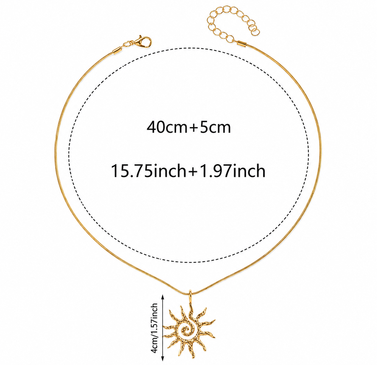 Gold chain necklace with a spiral sun pendant, shown with a measurement overlay indicating a total length of 40cm plus 5cm extension chain and a pendant height of 4cm.