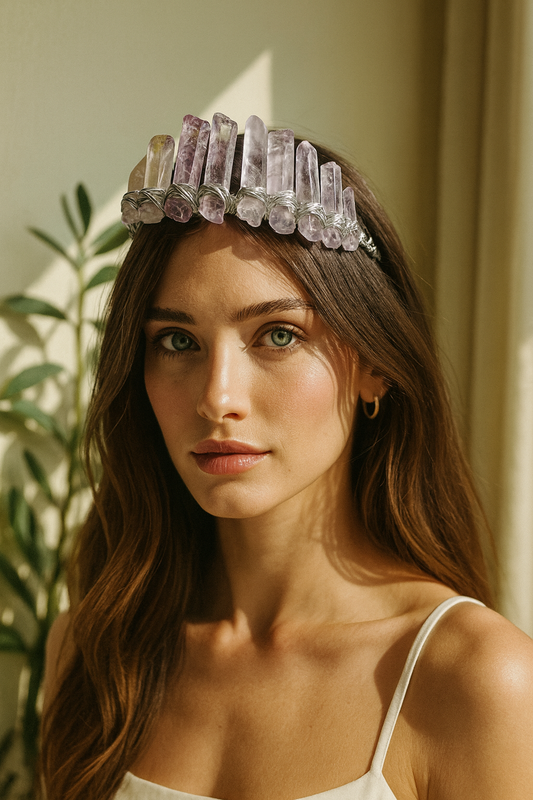 Woman wearing a crystal headband with a neutral background