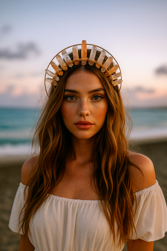 Woman with a decorative headpiece on a beach at sunset