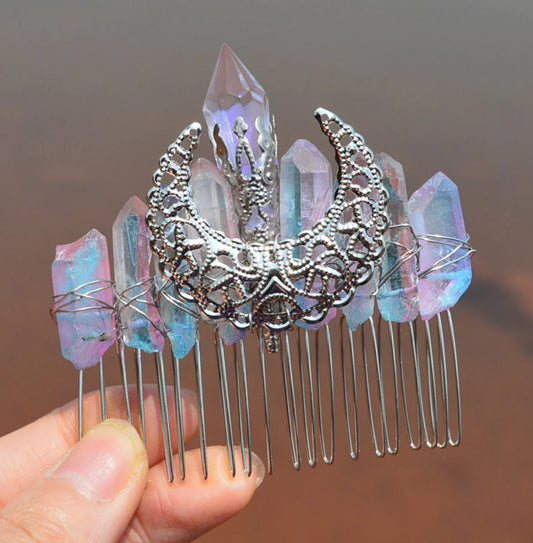 MOON SILVER CRYSTAL HAIR COMBS