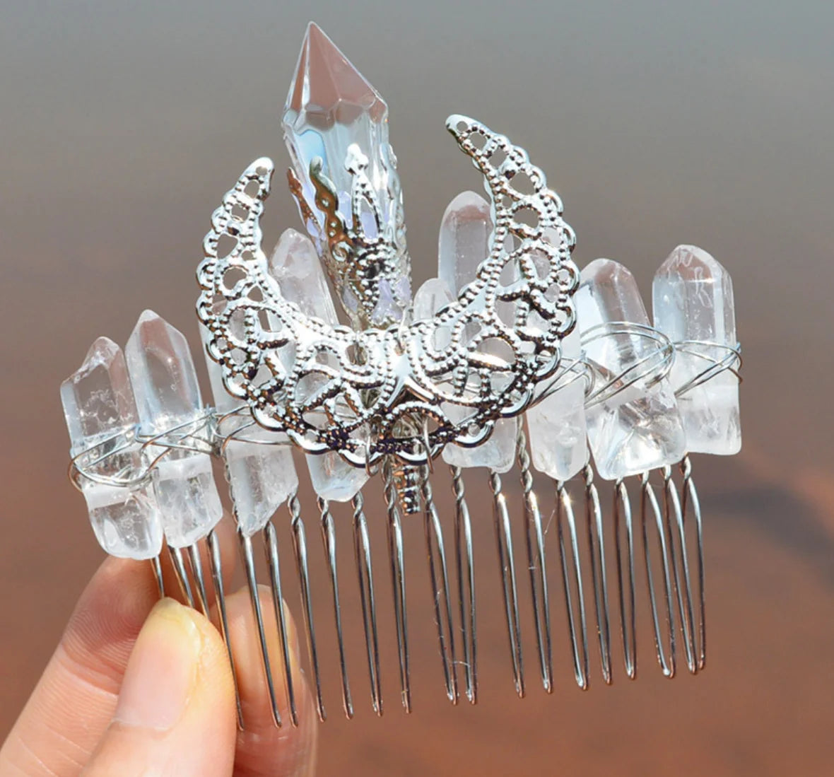 MOON SILVER CRYSTAL HAIR COMBS