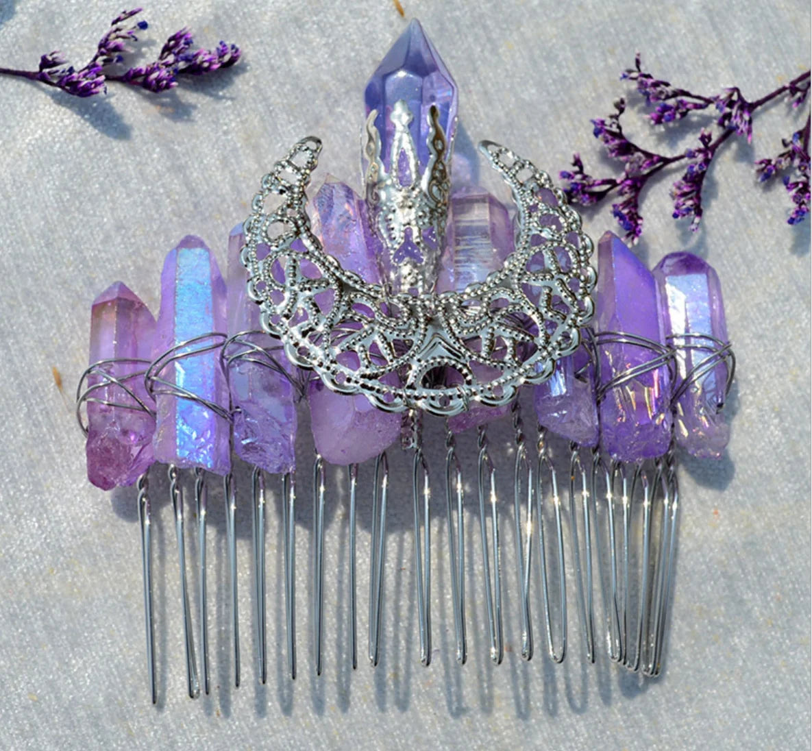 MOON SILVER CRYSTAL HAIR COMBS