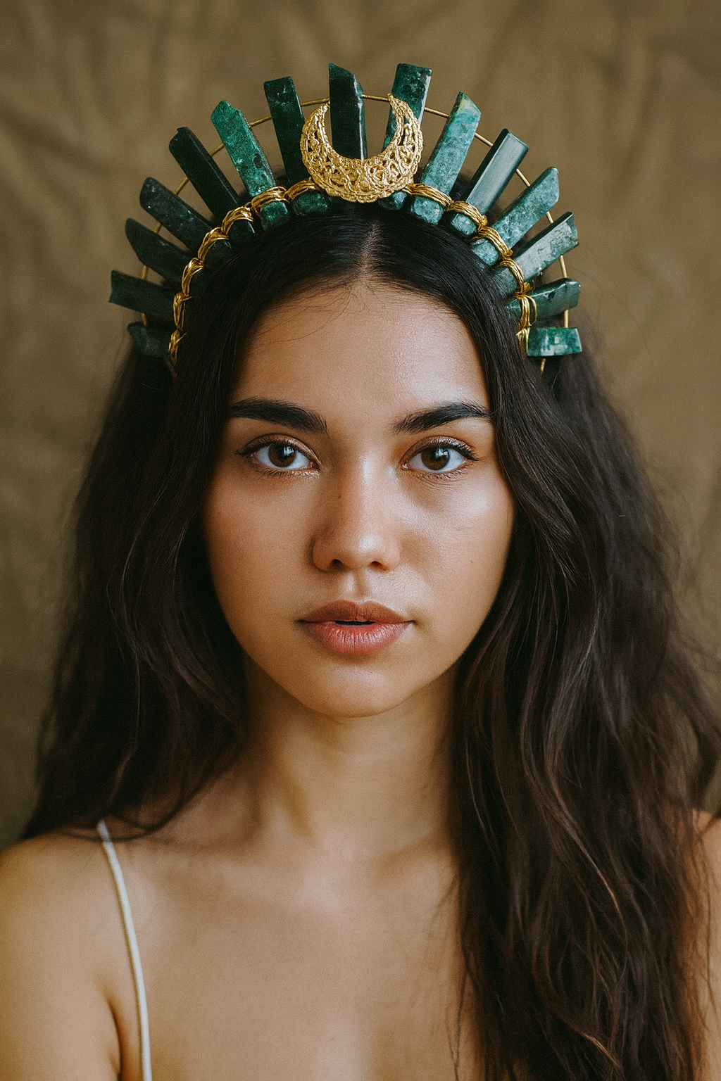 Woman wearing a decorative headpiece with green stones and gold accents against a neutral background