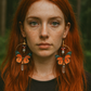 Woman with red hair wearing butterfly earrings against a forest background