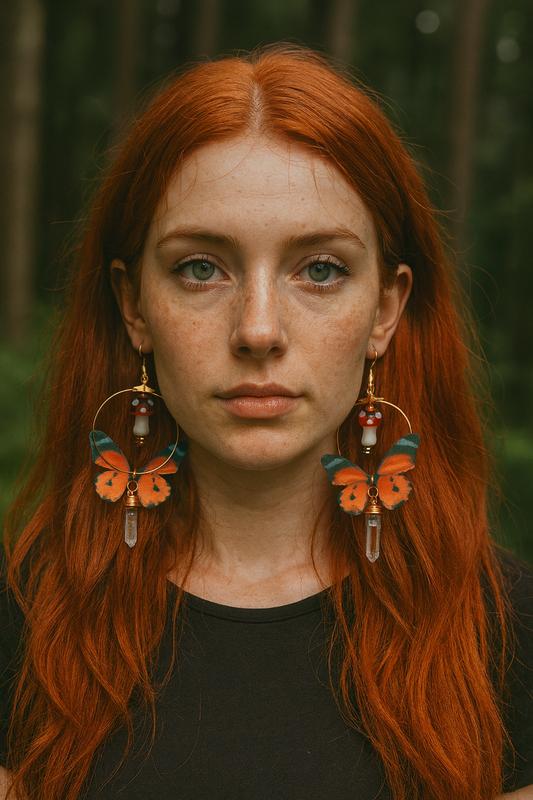 Woman with red hair wearing butterfly earrings against a forest background