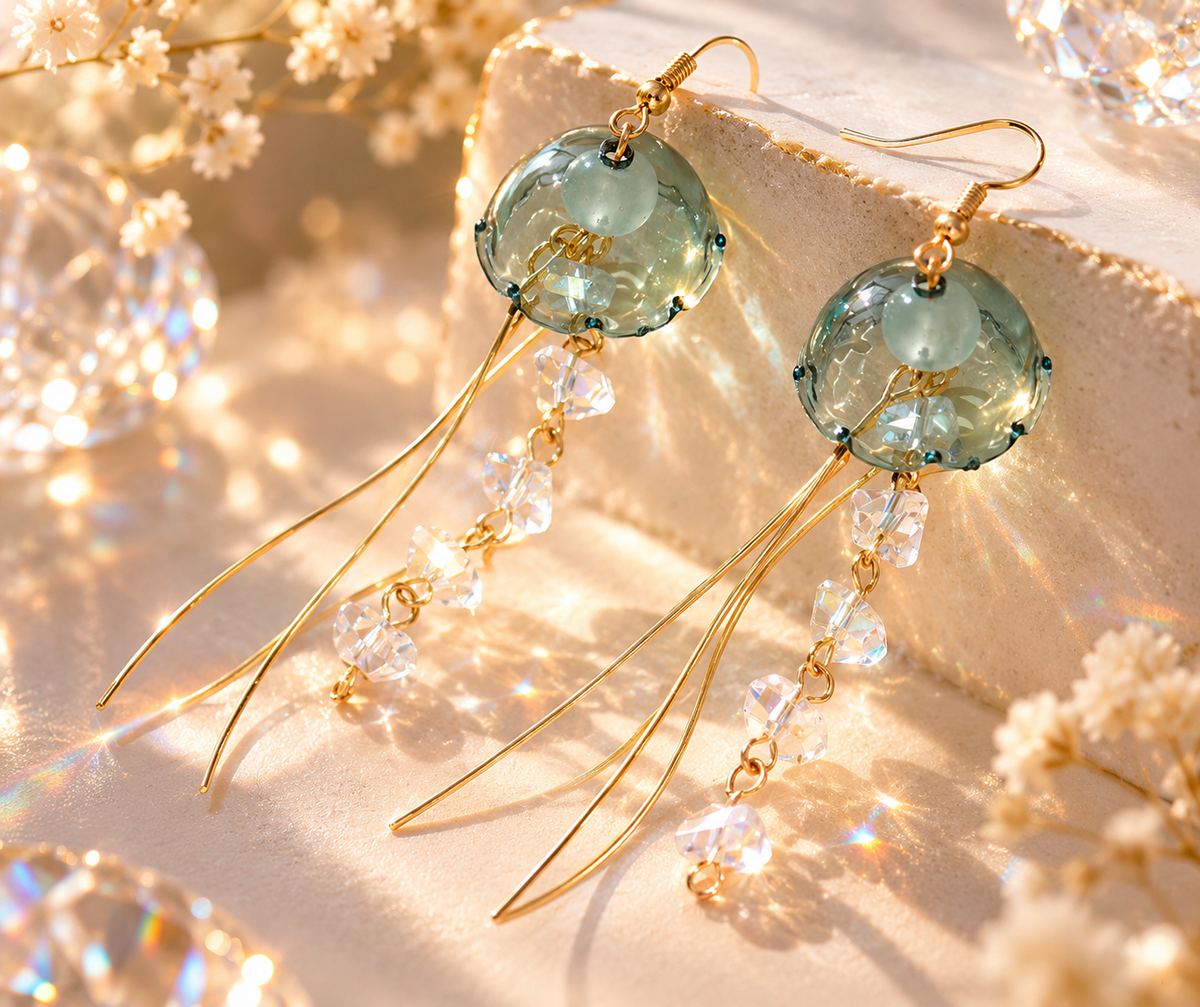 A pair of gold-tone dangle earrings with round pale green beads and clear crystal drops, displayed on a warm beige surface with soft floral props and sparkling light effects.