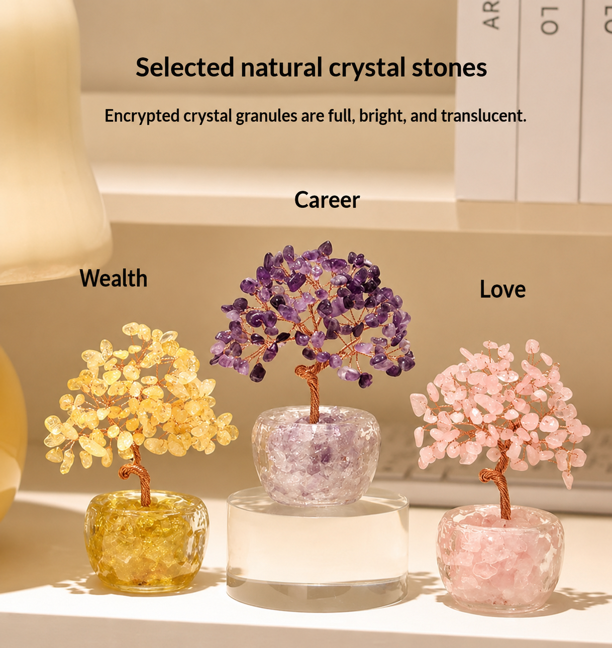 Three crystal trees labeled 'Wealth', 'Career', and 'Love' on a neutral background.