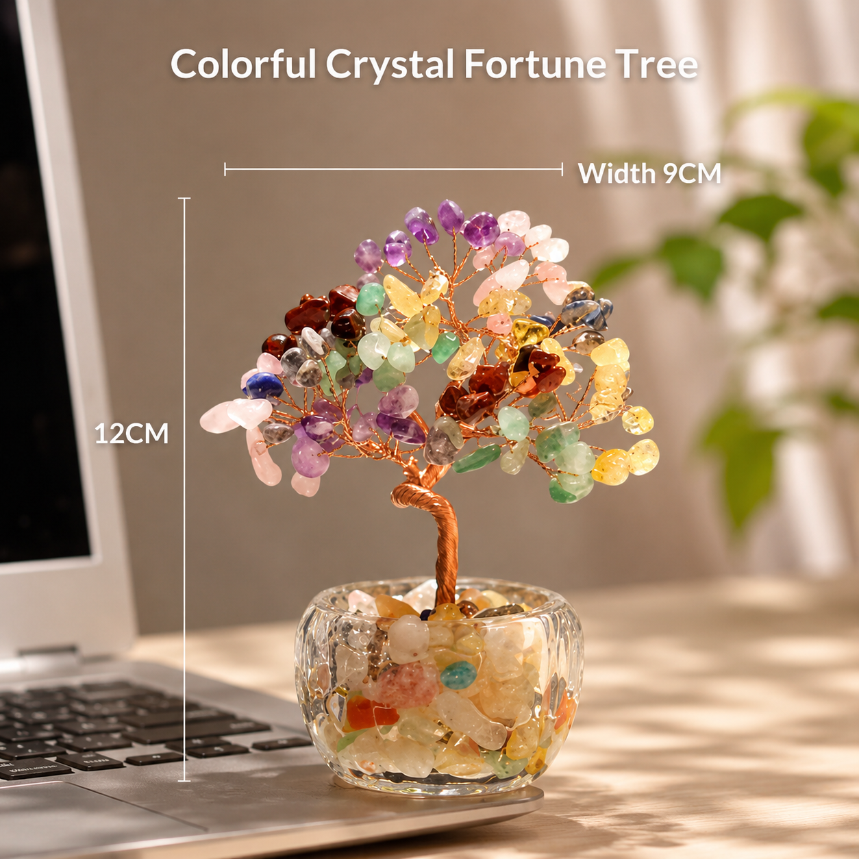 Colorful crystal fortune tree on a laptop with measurements indicated