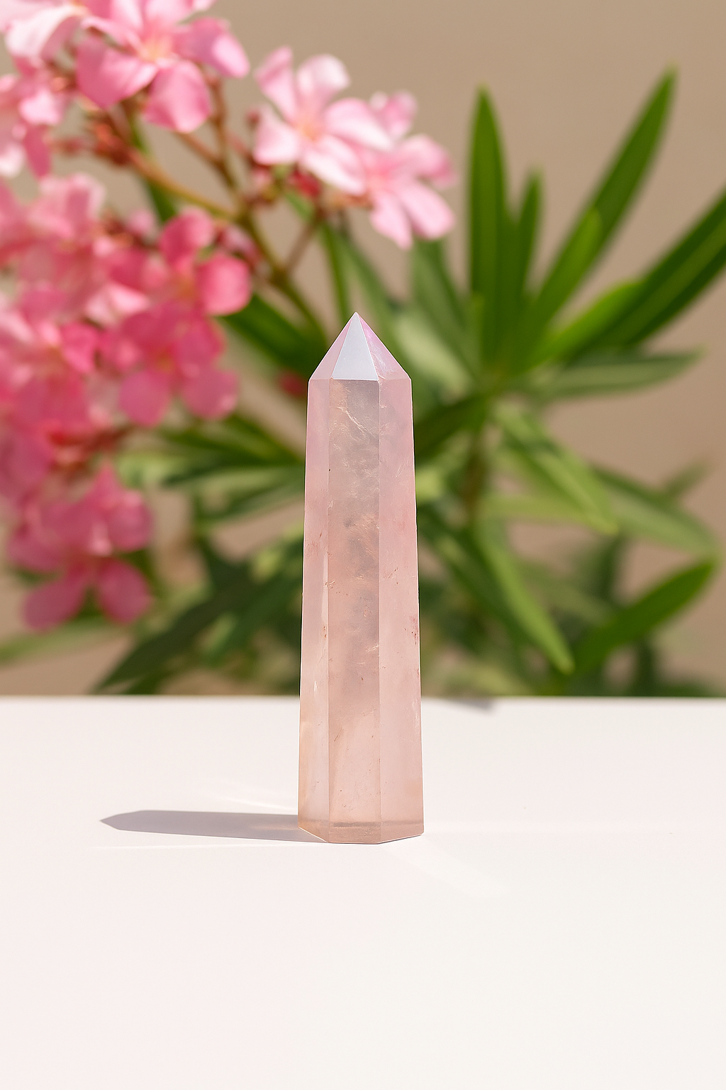 Rose quartz crystal on a white surface with pink flowers and green leaves in the background