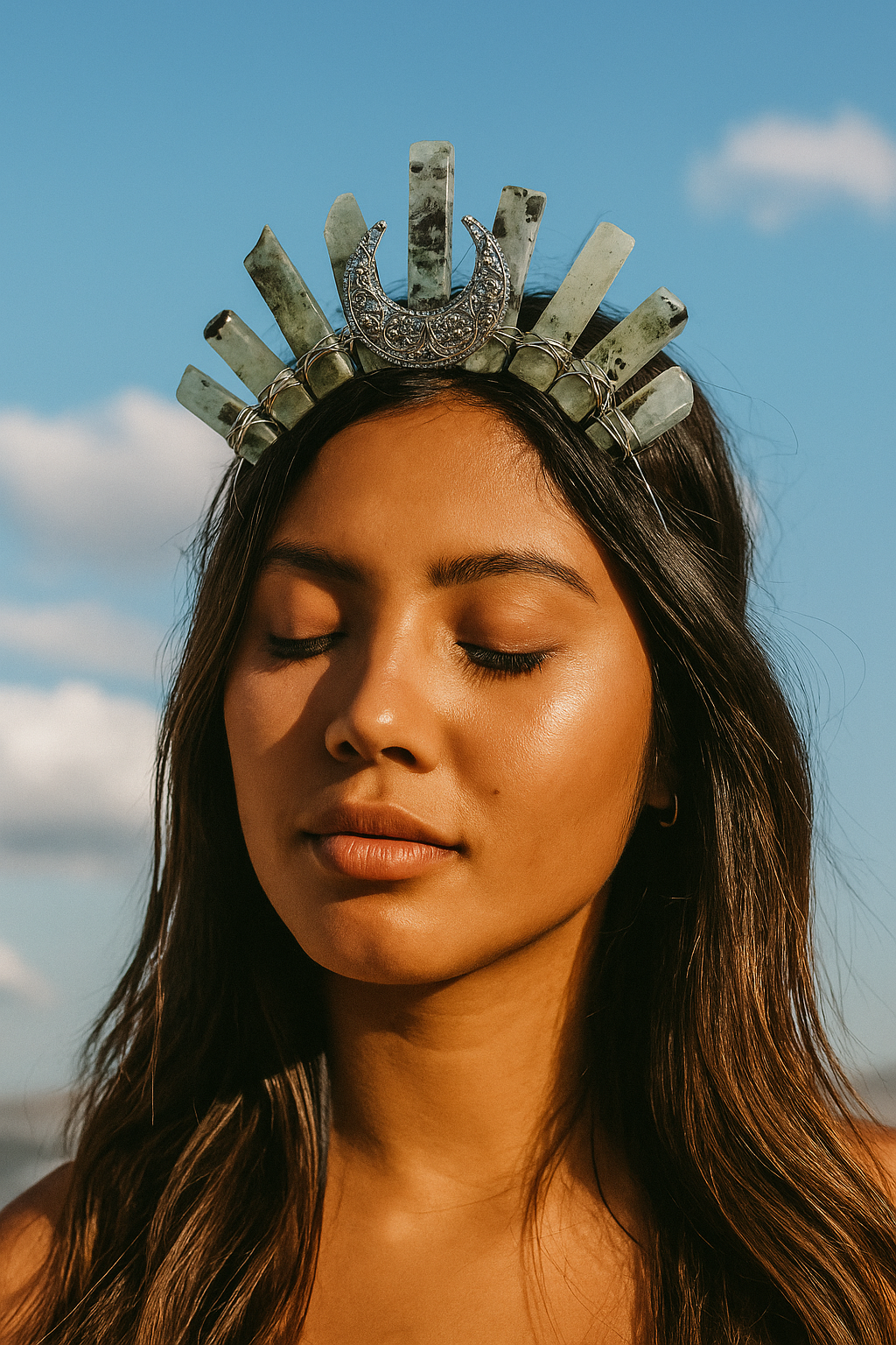 Woman wearing a decorative headpiece against a blue sky with clouds