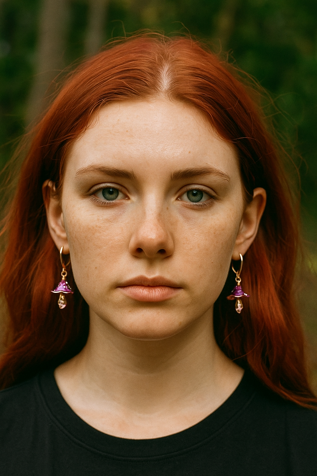 Woman with red hair wearing earrings against a blurred natural background