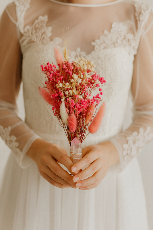Person wearing a white lace dress holding a bouquet of pink flowers.