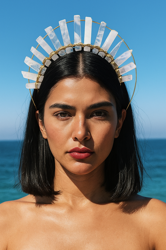 Woman wearing a decorative headpiece against a blue sky and ocean background