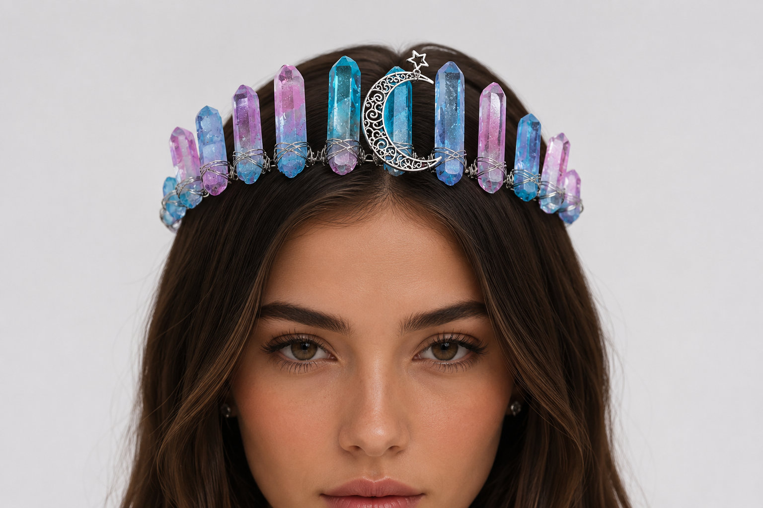 Woman wearing a colorful crystal tiara on a plain background