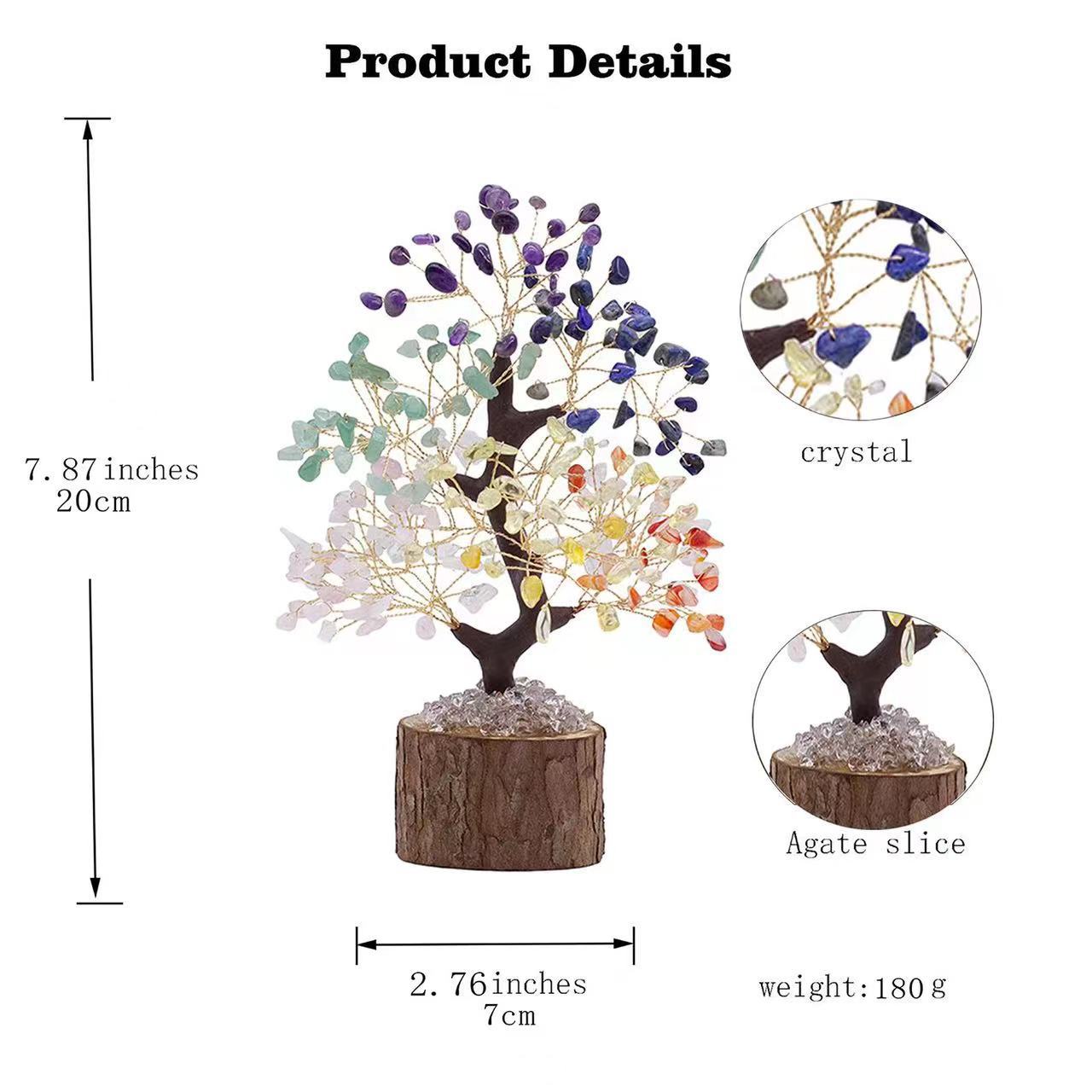 Colorful crystal tree with measurements and material details on a white background