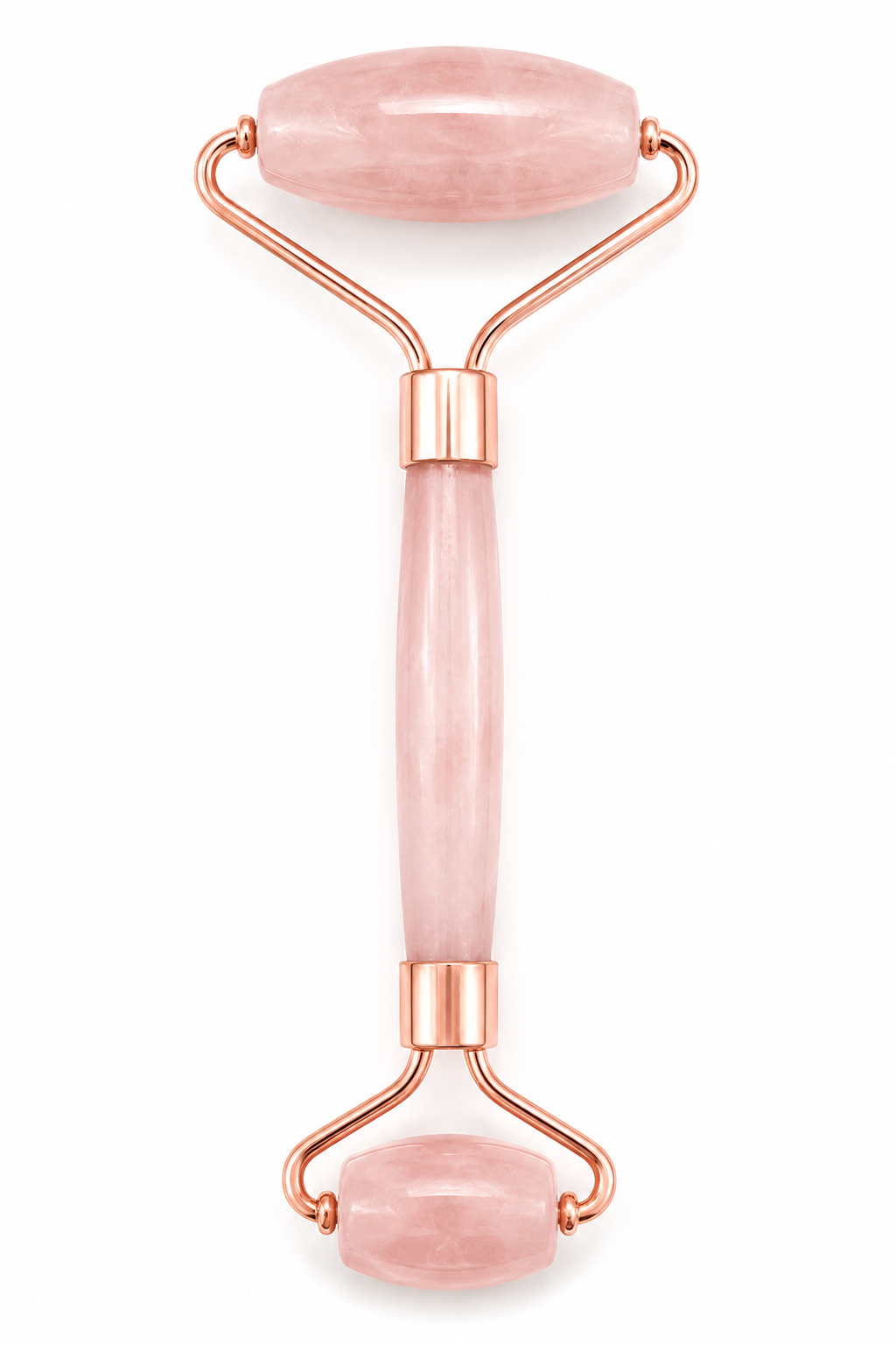 Rose quartz facial roller with rose gold accents on a white background