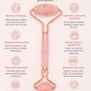 Rose Quartz Roller with benefits listed on a white background