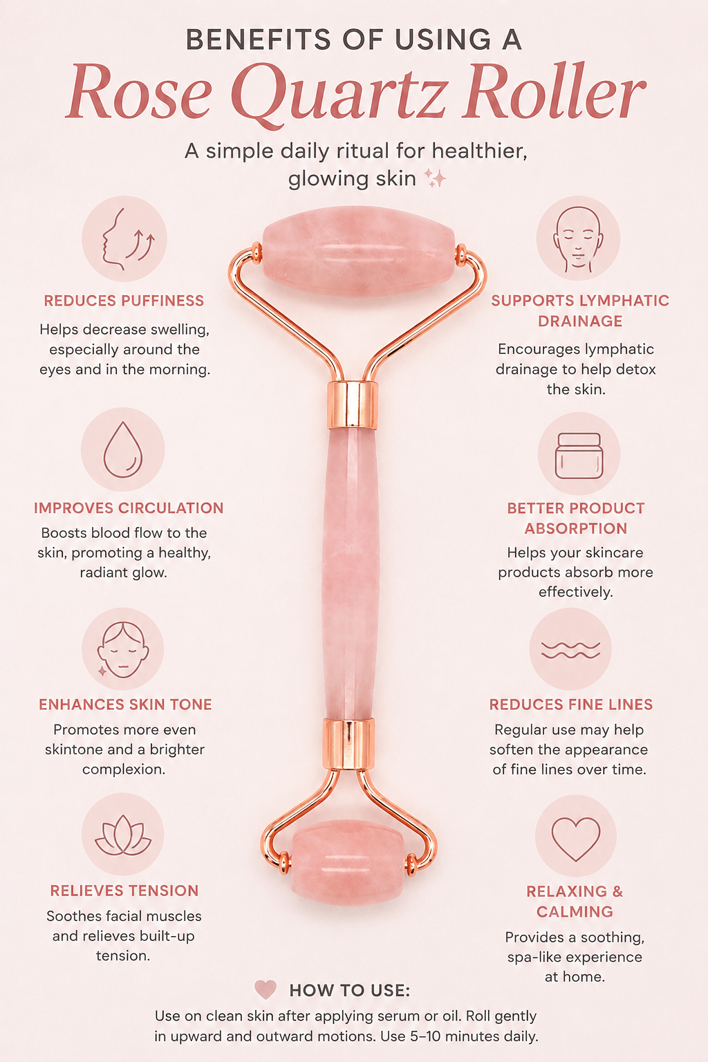 Rose Quartz Roller with benefits listed on a white background
