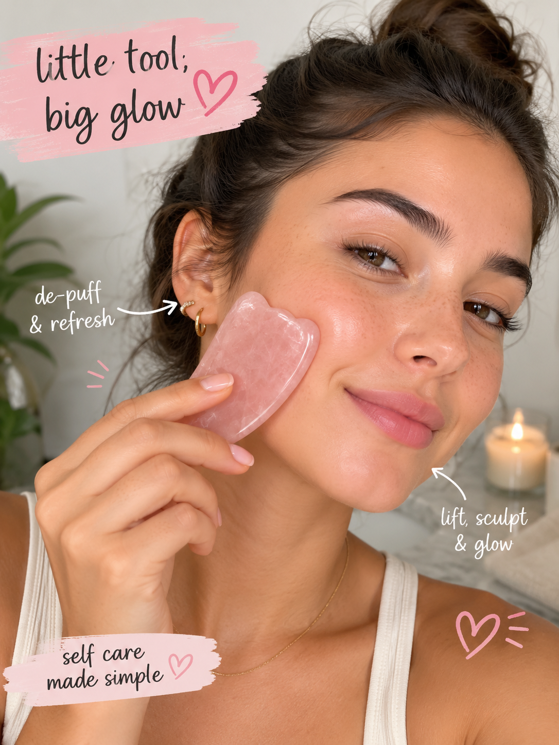 Woman using a pink facial brush with text highlighting benefits on a blurred background