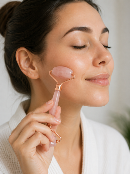 Woman using a rose gold facial roller on her face