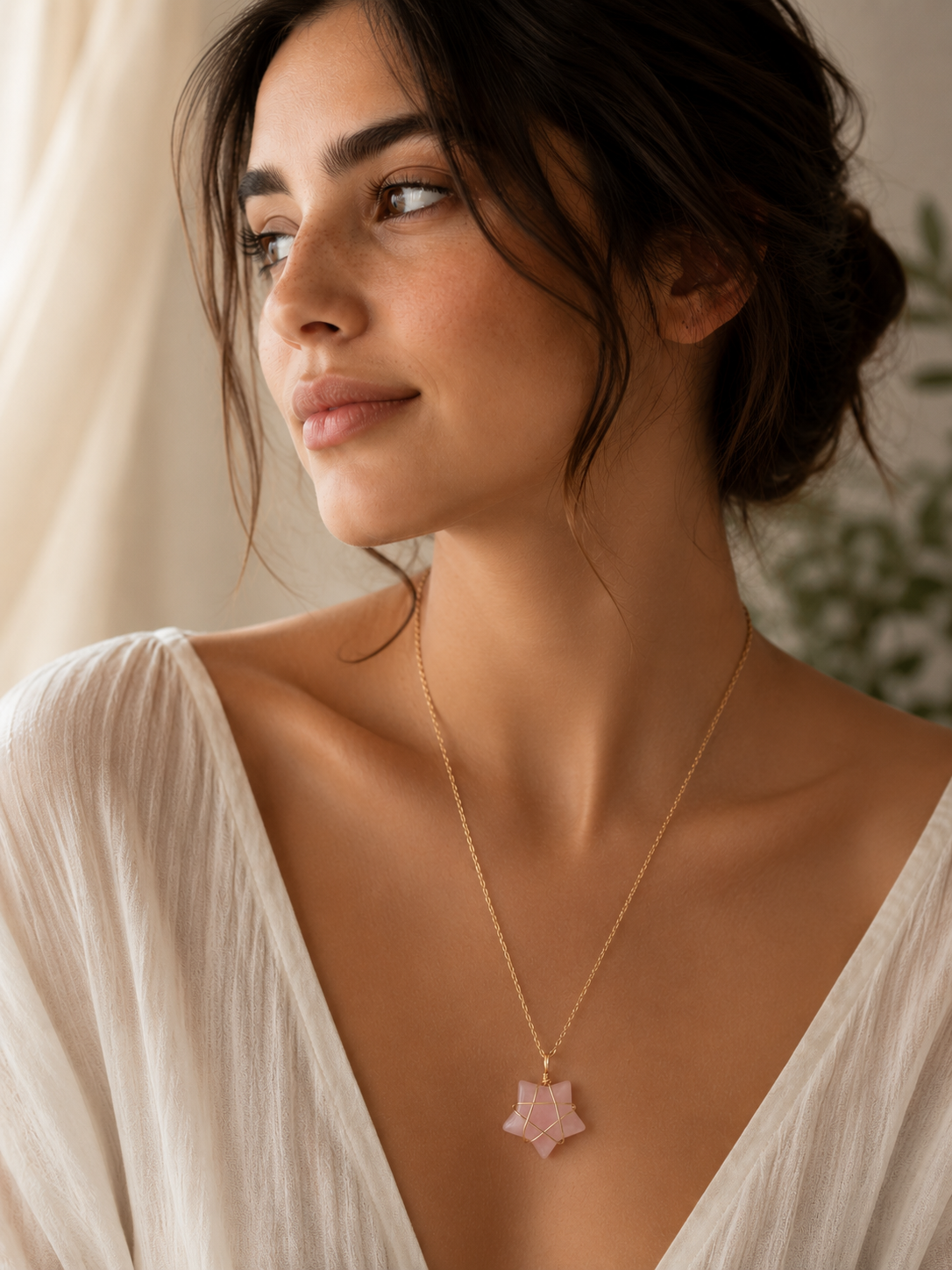 A woman wearing a delicate gold chain necklace with a pink stone pendant, styled with a white draped top against a soft, warm neutral background.