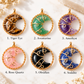 Six gold crescent moon pendant charms with tree of life wirework, shown in Tiger Eye, Aventurine, Amethyst, Rose Quartz, Obsidian, and Sodalite, labeled 1 through 6 on a light textured background.