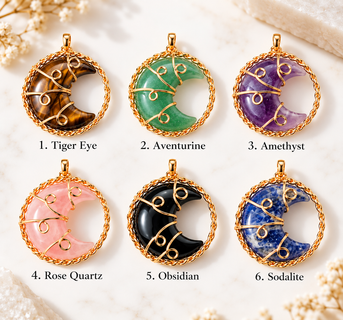 Six gold crescent moon pendant charms with tree of life wirework, shown in Tiger Eye, Aventurine, Amethyst, Rose Quartz, Obsidian, and Sodalite, labeled 1 through 6 on a light textured background.