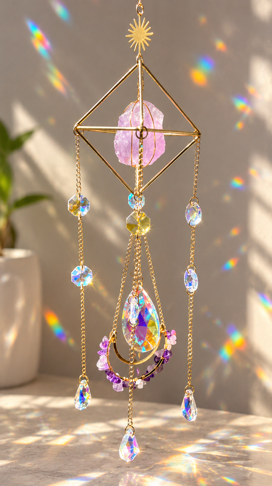 A gold-toned metal suncatcher wind spinner hanging in a window, featuring a pink crystal, a yellow crystal, and multiple iridescent clear crystals that catch and refract sunlight into rainbow patterns on the wall and tabletop.