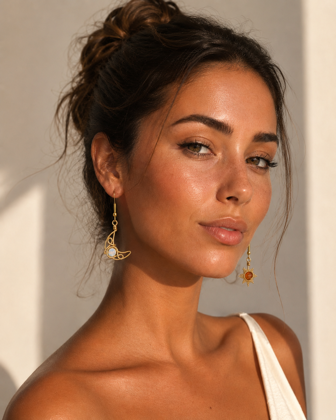 A close-up portrait of a woman wearing gold crescent moon dangle earrings with white pearl-like accents and a small amber bead at the bottom, set against a warm-toned beige wall with soft shadows.