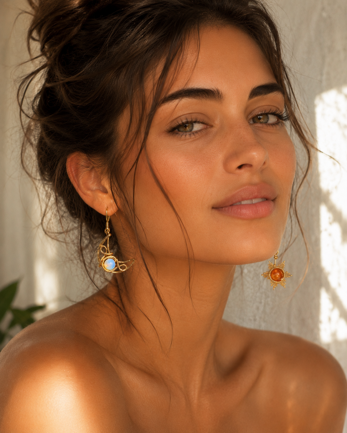 A close-up lifestyle shot of a woman with her hair in an updo, wearing gold celestial dangle earrings with blue and orange stones, set against a softly lit white wall.