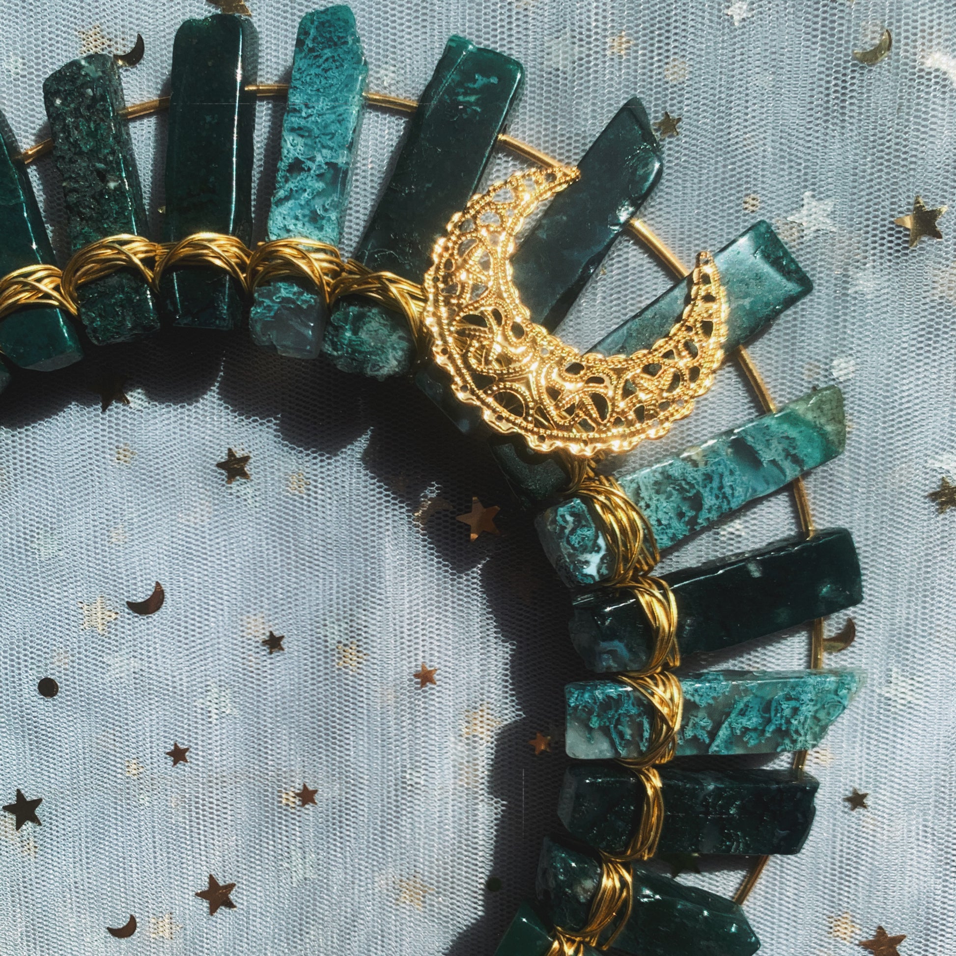 MOSS AGATE GOLD HALO MOON GODDESS CRYSTAL CROWN