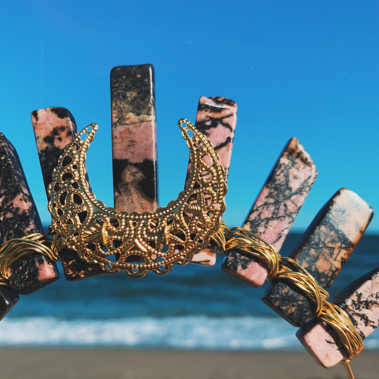 RHODONITE SMALL GOLD GODDESS CRYSTAL CROWN