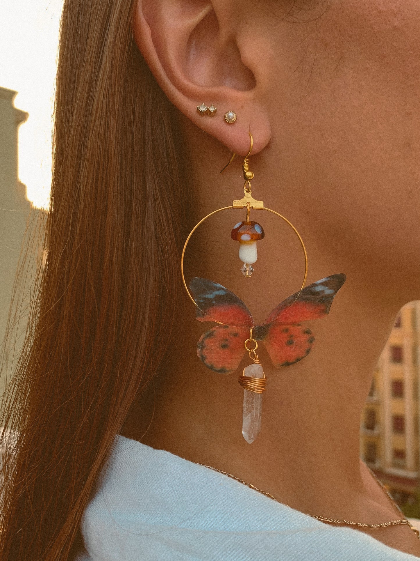 MUSHROOM & BUTTERFLY CLEAR QUARTZ EARRINGS