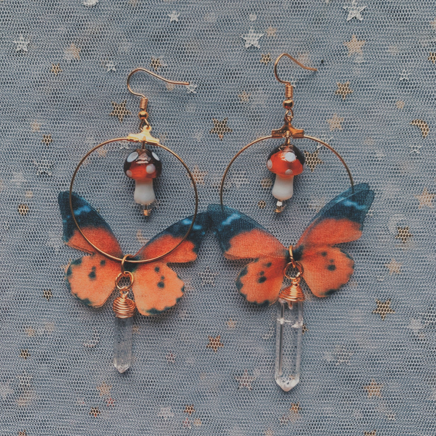 MUSHROOM & BUTTERFLY CLEAR QUARTZ EARRINGS