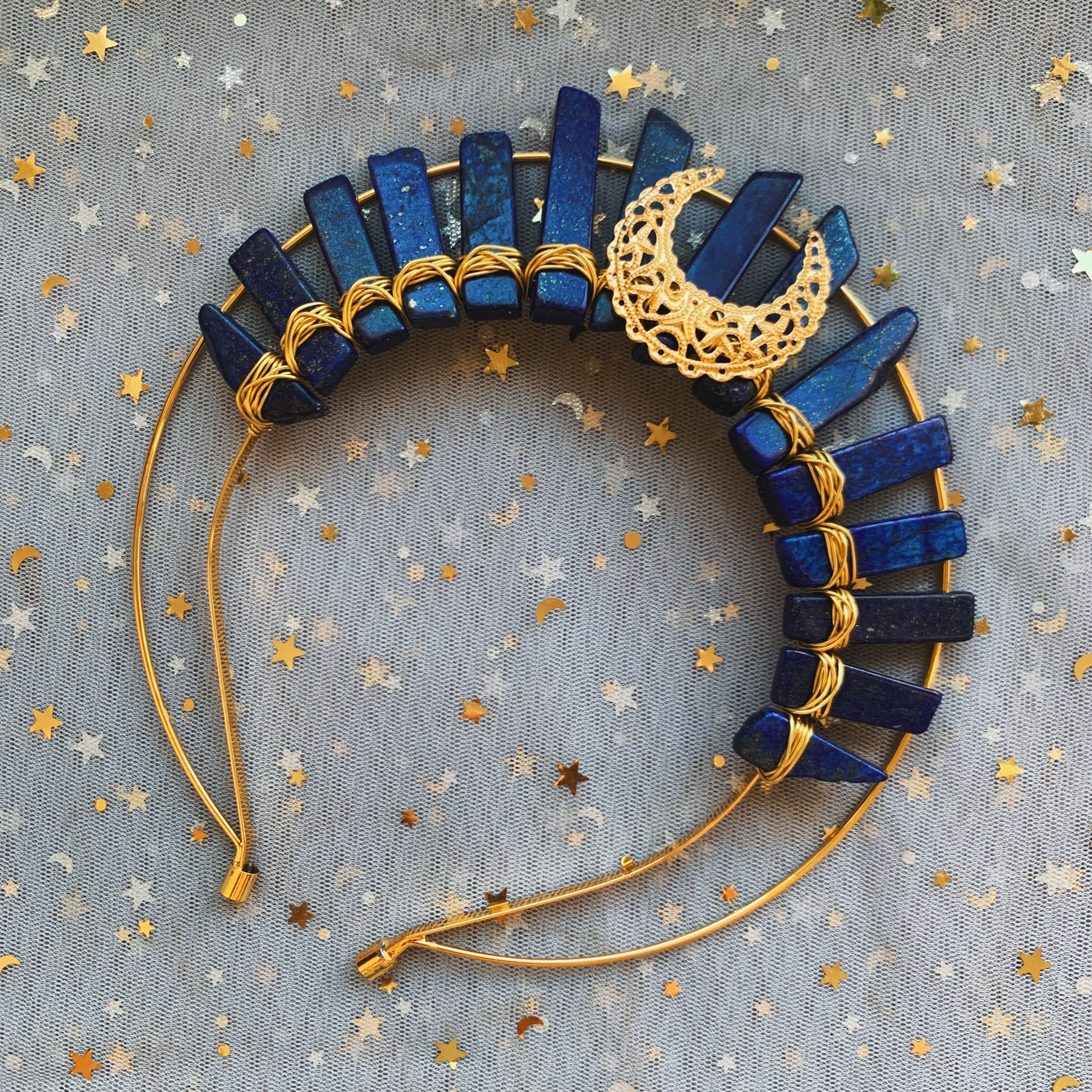 LAPIS LAZULI GOLD HALO MOON GODDESS CRYSTAL CROWN MOONSHINE